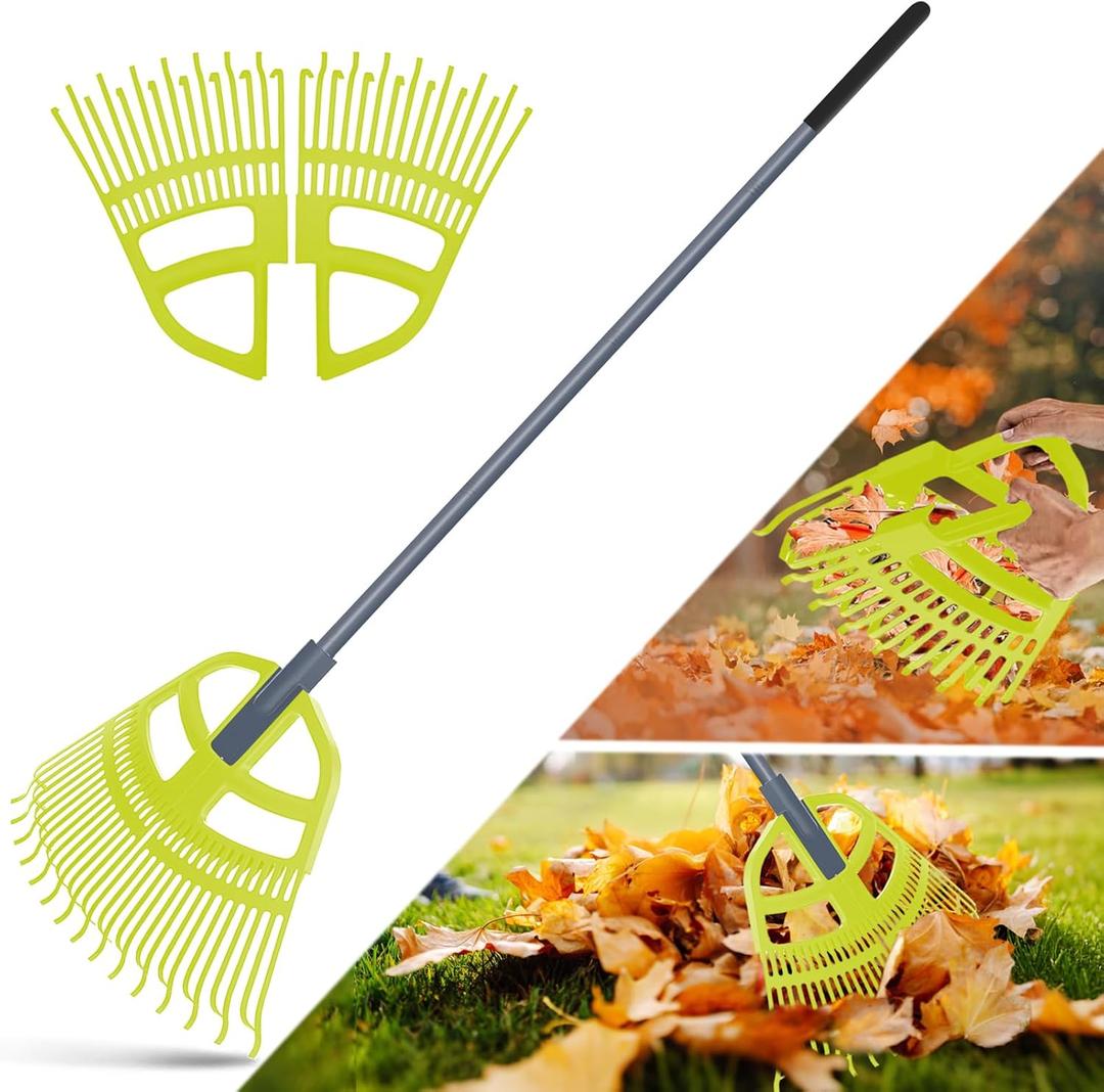 Garden Leaf Rake 2 in 1 Leaf Scoops,Rake for Leaves 30-65" Long Handle,30 Tines Leaf Grabber Hand Rakes with Quick-Detach Head and Non-Slip Handle for Gardening Lawns Yard Outdoor Shrub Grass (Green)
