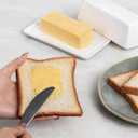 Ceramic Butter Dish with Lid, Farmhouse Butter Keeper Tray with Embossed Lettering for Countertop or Refrigerator, Microwave & Dishwasher Safe, White, 7.5x3.7x2.7 Inches