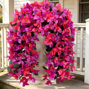 Fake Bougainvillea Artificial Hanging Flowers, 2 PCS Outdoor Faux Plants UV Resistant Realistic Silk Long Trailing Vines for Door Porch Outside Planter Urn Patio Garden Yard Dec, Hot Pink Purple