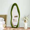Full Length Mirror, 63"x24" Full Body Mirrors, Flannel Floor Mirrors with Stand, Irregular Wavy Mirror Hanging or Leaning Against Wall for Bedroom Living Room, Green