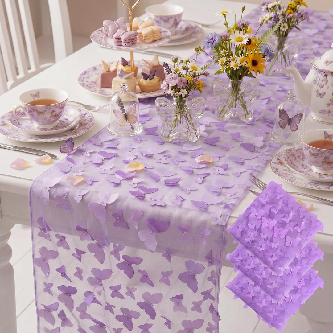 Gilprop 3 Pcs Butterfly Table Runners 12" 90" Embroidery 3D Purple Butterfly Tulle Table Runners for Spring Garden Birthday Party Wedding Bridal Shower Baby Shower Home Kitchen Dining Decor