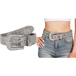 INOGIH Glitter Western Cowboy Style Rhinestone Belt Luxury Bling Bling Diamond Crystal Studded Belts for Jeans Pants Dress (105cm/Suit for 28''-37'' Waist, Silver)