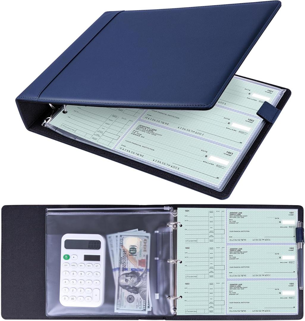 Antner 3 Ring Personal Check Binder for 3-on-a-Page End-Stub Deskbook & Personal 3 Holes or 9 Holes Small Size Checks, PU Leather Check Holder Checkbook Binder Cover with Zipper Pouch, Navy Blue