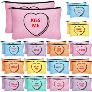 Sweetude 30 Pieces Valentine's Day Makeup Bags Bulk for Women, Conversation Heart Cosmetic Bag with Zipper, Valentines Galentines Day Gift for Her Love Travel Purse Pouch Toiletry Organizer, 15 Styles