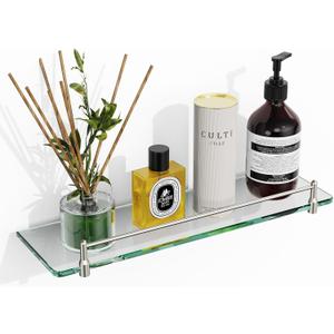 16 Inch Glass Bathroom Shelves,Brushed Nickel Floating Shelves for Wall Rectangular Modern Stainless Steel Glass Shelf for Bathroom Wall Mount Accessories (16"with Railing)