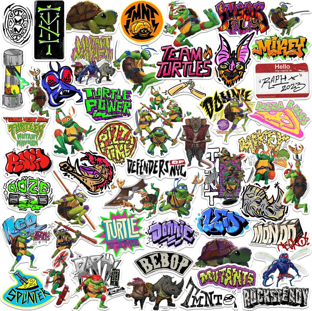 Teenage Mutant Ninja Turtles: Mutant Mayhem TMNT 50ct Vinyl Large Deluxe Stickers Variety Pack - Laptop, Water Bottle, Scrapbooking, Tablet, Skateboard, Indoor/Outdoor - Set of 50