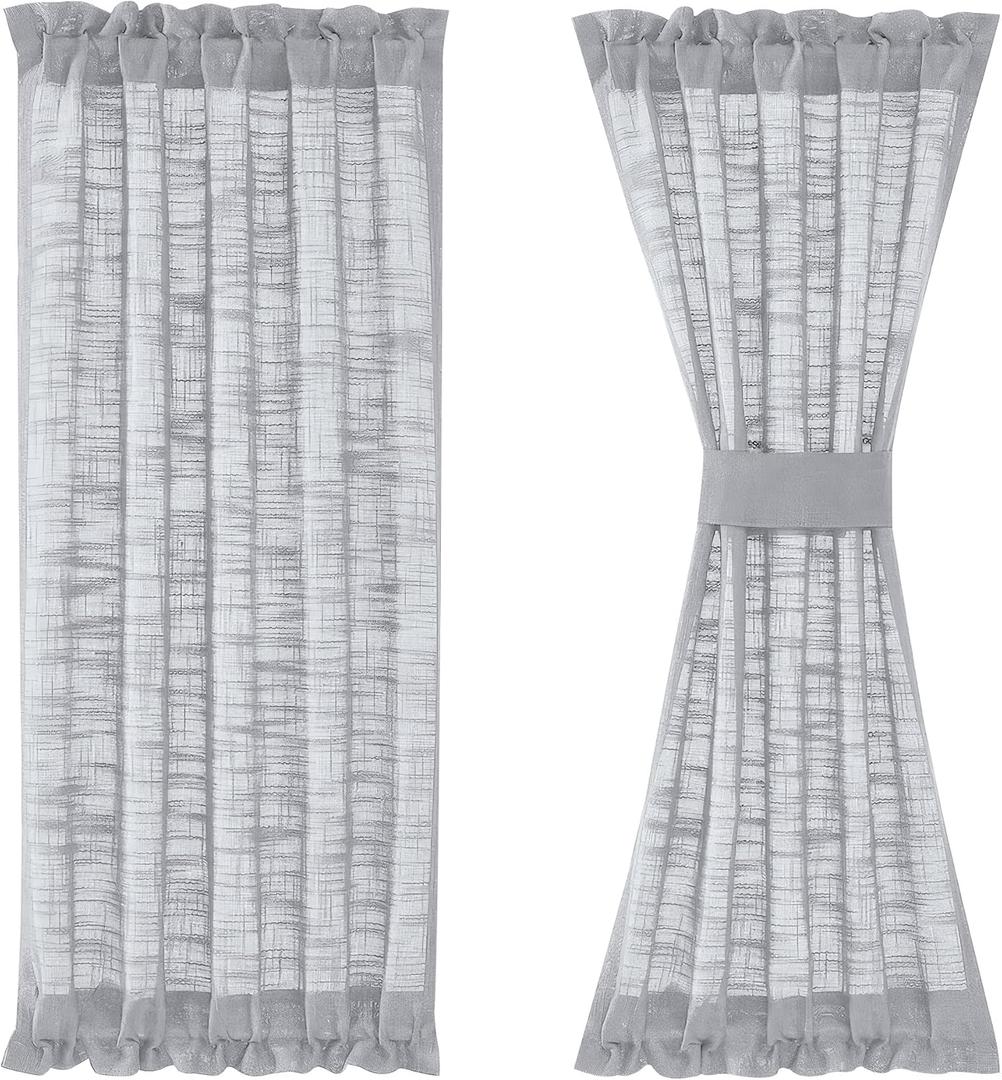 FMFUNCTEX Grey French Door Curtains for Sliding Glass 40 Inches Long Half Privacy Semi Sheer Linen Texture Window Panels Front Back Tiebacks Attached 1 Panel