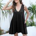 OPCAKM Women's V Neck Sleeveless Mini Dress Loose Summer Pleated Swing Flowy Sundress (Black, S)