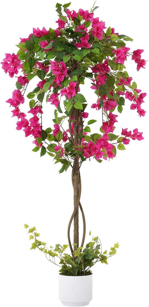 4FT Artificial Bougainvillea Tree, Faux Silk Floral Tree Bougainvillea Plant with Flowers in Plastic Pot for Home Office Garden Indoor Outdoor Decor