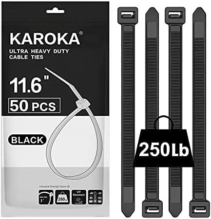 Industrial Zip Ties Heavy Duty with 250 lbs Tensile Strength, 11.6 inch, Electrical Cable Ties Heavy Duty, 50 Pieces, Wide and Thick Zip Ties, by Karoka