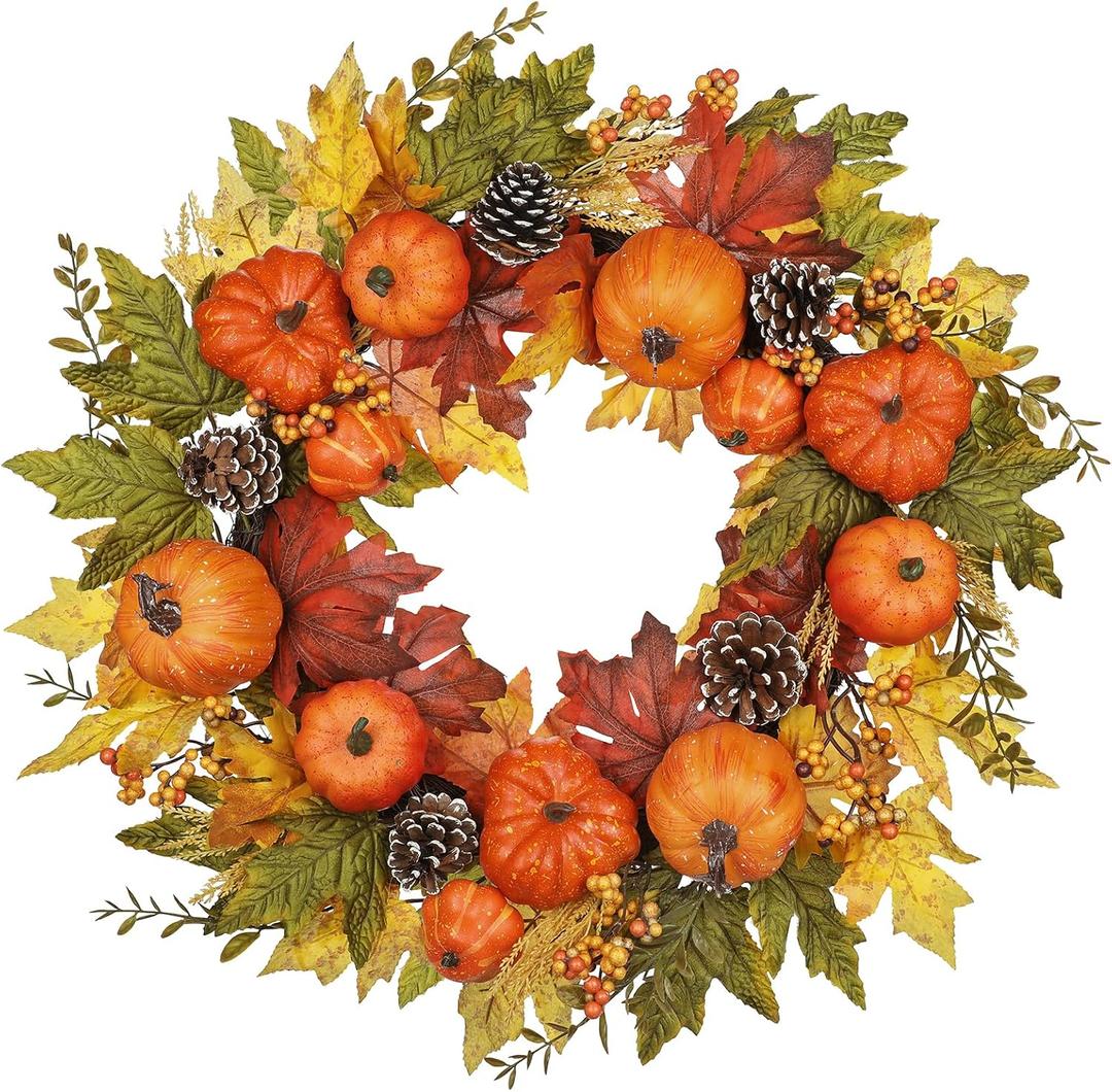 Fall Wreaths for Front Door Outside 24" Autumn Wreath with Fake Pumpkins, Pinecones, Berries, Fall Wreaths for Indoor & Outdoor, Falls Wreath for Home, Porch, Harvest, Halloween, Thanksgiving Decor