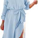 Dokotoo Womens 2024 Fashion Solid Color Button Down Long Sleeve Side Split Beach Cover Ups Shirt Dress with Pockets, M