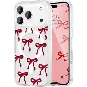 UEEBAI Magnetic for iPhone 17 Pro Max Case, Bow Case Compatible with MagSafe, Wireless Slim Clear Ribbon Aesthetic Phone Cover Anti-Yellowing Shockproof Protective Cover for Women Girl - Burgundy