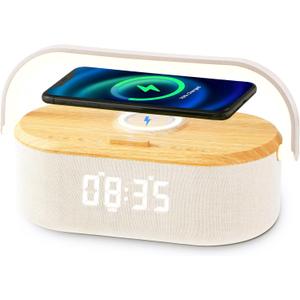 6-in-1 Sound Machine Alarm Clock,Wireless Charger,Stereo Bluetooth Speaker with Soothing Sounds,3 Level Bedroom Night Light