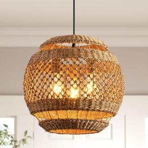 15.8in Large Rattan Chandeliers Round Brown Wicker Pendant Lights Boho Dining Light Fixture Farmhouse Chandelier Woven Hanging Ceiling Lighting for Kitchen Island Bedroom Restaurant Entryway (H020)