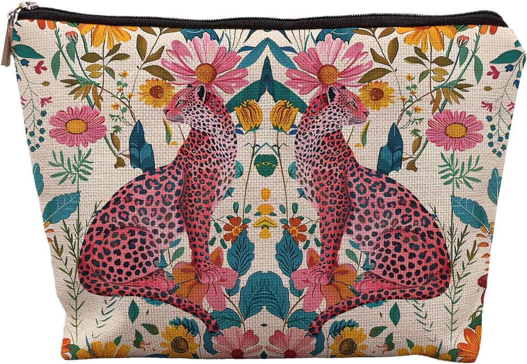uinwk Floral Leopard Makeup Bag, Hot Pink Preppy Leopard Cheetah Makeup Bag, Preppy Stuff, Leopard Print Gifts for Women, Floral Cosmetic Bag Makeup Pouch