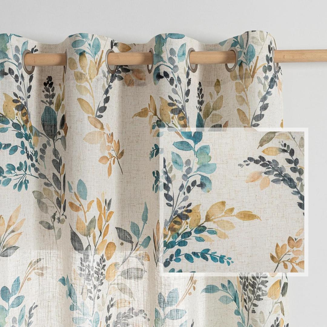 MYSKY HOME Curtains for Living Room Semi Sheer 84 inch Length Light Filtering Privacy Protect Drapes Set Linen Blended Texture Soft Touch Leaves Pattern Treatment, 52" Wide, Yellow and Blue, 2 Panels