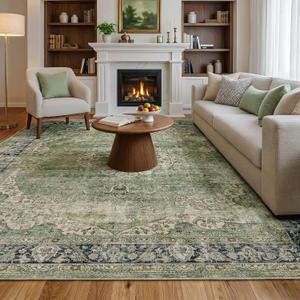 FMFUNCTEX 8x10 Green Washable Area Rug Vintage Distressed Oriental Non Slip Low Pile Neutral Indoor Carpet for Living Room Bedroom Soft Retro Floral Thin Large Rug for Dining Nursery Office Dorm