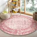 OPPODREAM Vintage Pink Area Rugs 5' Round, Washable Rug for Living Room | TPR Non-Slip Backing, Retro Low-Pile Faux Cashmere Surface, 5' Round Distressed Carpet for Bedroom, Office, Dorm, Dining Room