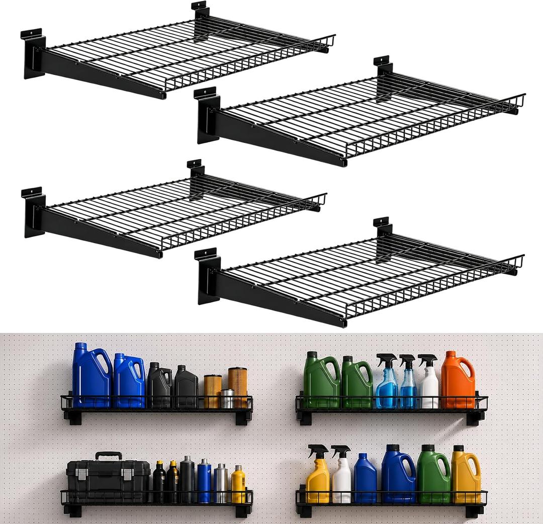 4 Pack 24 Inch Slatwall Wire Shelf 24X16.5 Inch, Heavy Duty Metal Slat Wall Wire Shelf 24inch for Garage, Retail, Home Storage, Workshop, Slatwall Accessories Storage Rack (4 Pack), 4PCS