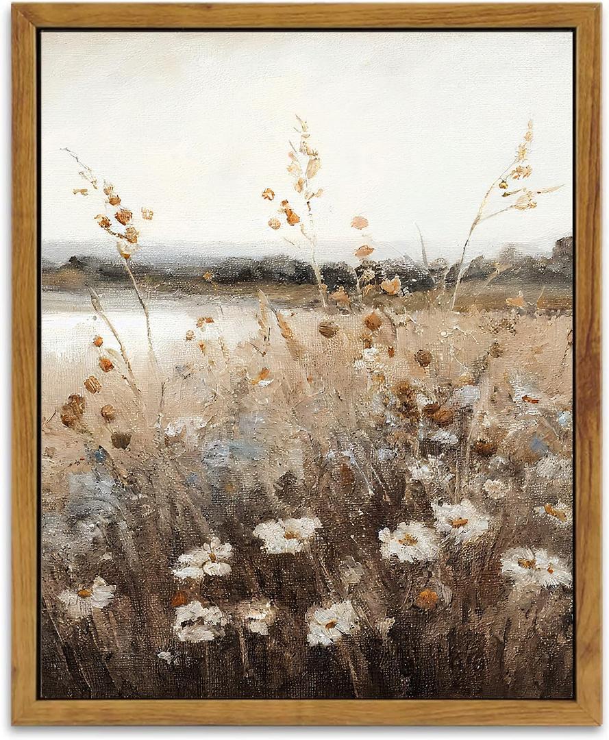 KBKBART Vintage Wall Art Framed, Retro Countryside Autumn Wildflower Field Landscape Canvas Painting Farmhouse Decor Wall Art, Rustic Fall Landscape Bathroom Wall Decor for Bedroom Living Room, (12L" x 16W")