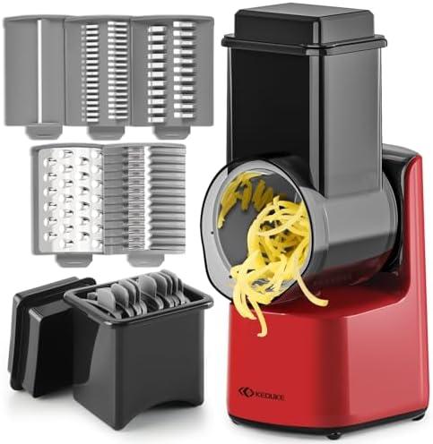 KEOUKE 5 IN 1 Electric Cheese Grater with Detachable Design - Cordless Rotary Vegetabale Cutter, 5 Interchangeable Blades (Slicing/Shredding/Grating) for Vegetables, Fruits & Cheese