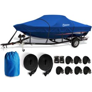 Kayme 1200D Heavy Duty Boat Cover for 16-18.5ft Boats - Waterproof, Tear Resistant with Reinforced Windproof Straps, Ideal for Fishing, Bass, Fish & Ski,V-Hull Boat. (Model C - Length:16'-18.5' Beam width: up to 94", Blue)