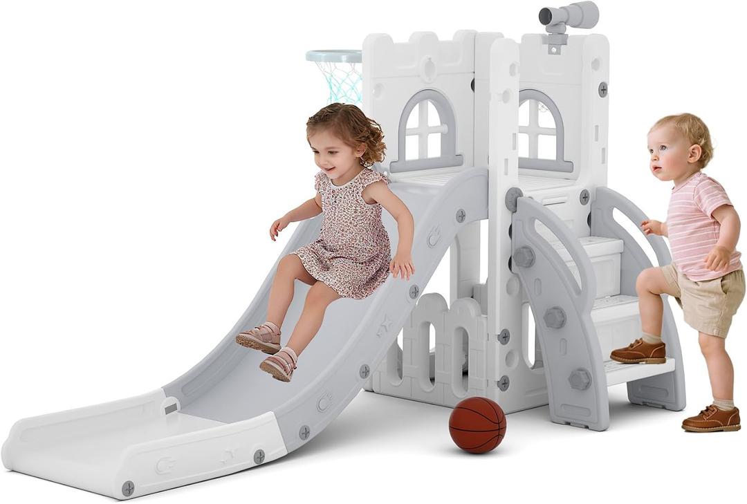 LulliSpace 6 in 1 Toddler Slide,Kids Playset for Toddlers Indoor Outdoor, Baby Slide with Basketball Hoop, Telescope & Storage Space,Non-Slip Steps for Great Gift