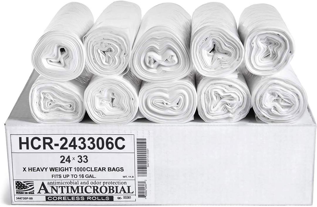 Aluf Plastics High Density Bags, 16 Gallon, 1000 Count, 6 Micron (eq), 24" x 33", Clear, for Bathroom, Office, Industrial, Commercial, Janitorial, Municipal, Recycling