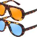 Karsaer 2 Pcs Retro Aviator Chunky Sunglasses for Women Men 70s Trendy Chic UV400 Sun Glasses (Tortoiseshell Frame / Orange Lens+tortoiseshell Frame / Blue Lens)