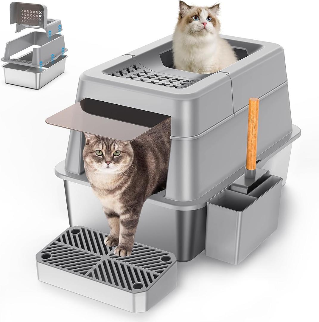 Aphyxen Stainless Steel Litter Box with Lid, XL Extra Large Enclosed Cat Litter Box Fits All Cats Modular Design with Flip Cover, Top Entry Metal High Sided Cat Box & Pedal & Scoop (Grey)