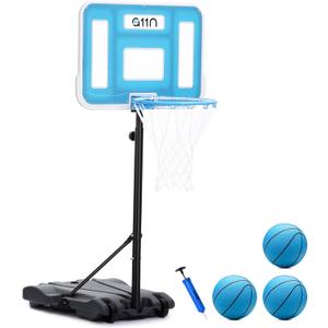 A11N SPORTS Pool Basketball Hoop with 16.5" LED Rim, Adjustable Height, PET Backboard, Sturdy Base, Ball & Pump Included Water Basketball Game for Poolside Play, 29" x 21.5" x 16.5"