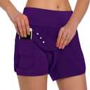 Ksmien Women's 2 in 1 Running Shorts - Lightweight Athletic Workout Gym Yoga Shorts Liner with Phone Pockets (Purple, L)