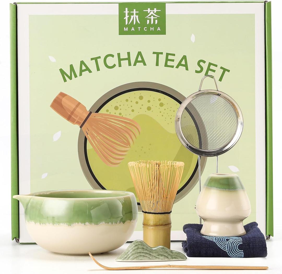 Matcha Whisk Set, 7-Piece Matcha Kit with Green Gradient Round Matcha Bowl, Whisk and Holder, Bamboo Scoop with Stand, Sifter and Tea Towel - Ideal Japanese Ceramic Tea Making Tools for Matcha Lovers