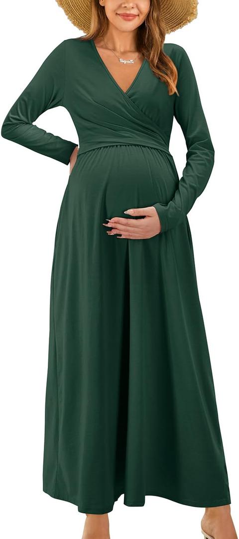 OUGES Women's 2024 Fashion Long Sleeve V Neck Maxi Dress with Pockets Maternity Clothes Nursing Dresses (Green, XXL)