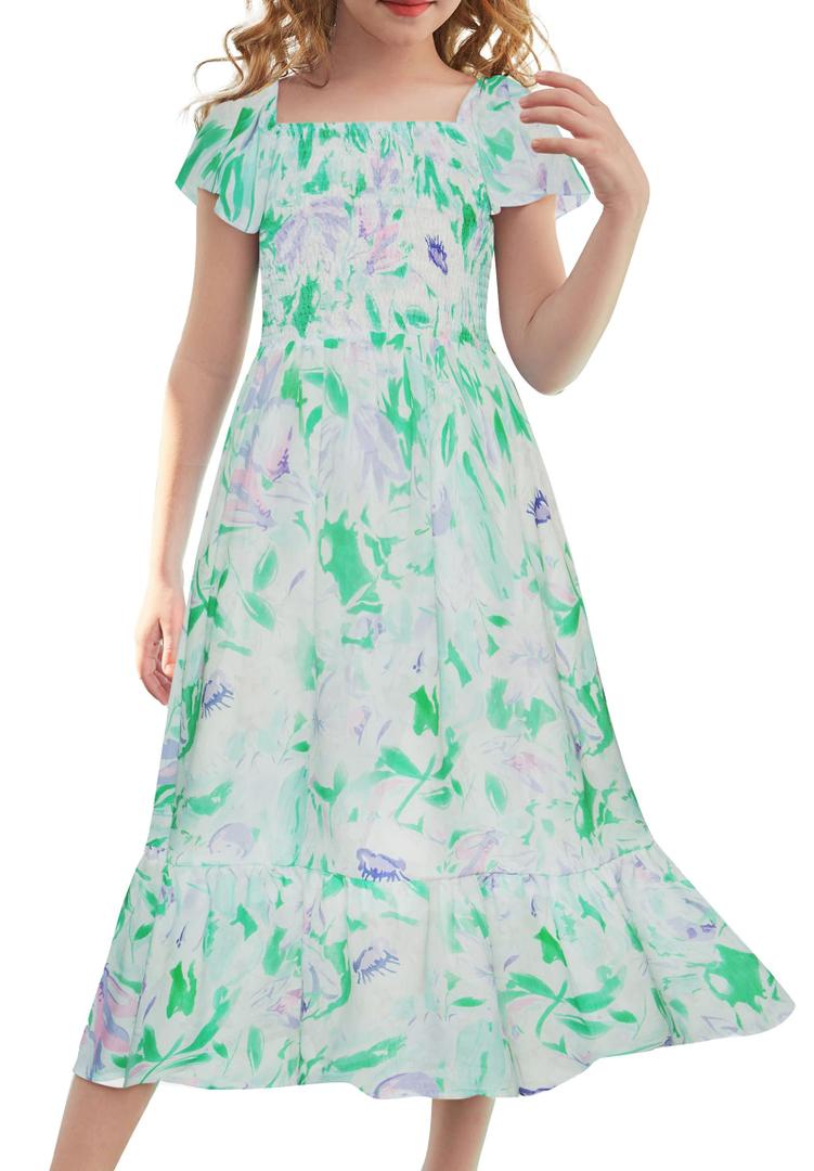 GRACE KARIN Girls Floral Easter Dresses Tween Girl Spring Maxi Dress Kids Summer Hawaiian Party Dress, Green, Size 12