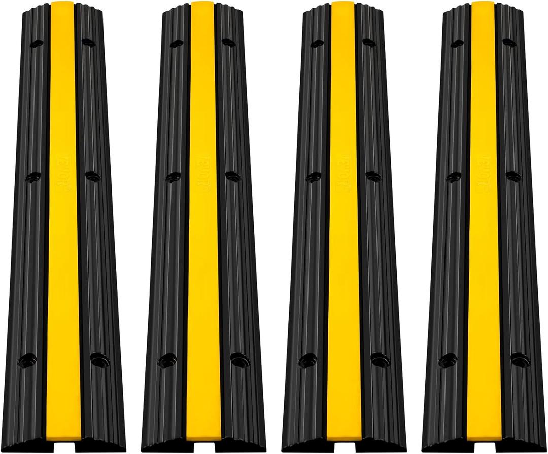 Happybuy 4 Pack of 1-Channel Rubber Cable Protector Ramps Heavy Duty 18000Lbs Load Capacity Cable Wire Cord Cover Ramp Speed Bump Driveway Hose Cable Ramp Protective Cover