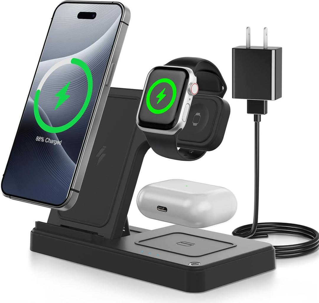 Wireless Charging Station for iPhone : 3-in-1 Charger Stand Multiple Devices Compatible for iPhone 16e 16 15 14 Pro Max 13 12 11 for Apple Watch 10 9 8 7 6 5 4 3 2 Se and Ultra for Airpods 4 3 2 Pro