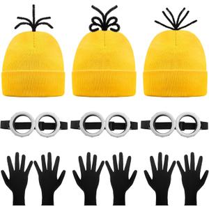 9PCS Costume Accessories Set Yellow Beanie Knit Hat Vintage Goggles Glasses Black Gloves for Cosplay, Halloween Costumes 2025