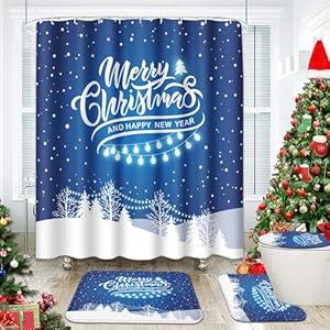 Emvency 4 Pcs Christmas Shower Curtain Set, Snowman and Snowflakes Shower Curtain with Non-Slip Rugs, Black Toilet Lid Cover and Bath Mat, Winter Bathroom Sets Decorations 72" x 72"