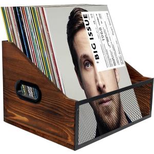 Vinyl Record Storage, Rustic Record Holder,Record Crates for Vinyl, Pine Wood & Metal Record Box for Display, 60-Record Capacity LP Album Organizer