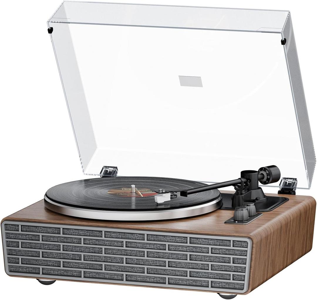 XJ-HOME All in One Vinyl Record Player with 4 Treble/Bass Stereo Speakers,Bluetooth HiFi Turntables for Vinyl Records with Magnetic Cartridge AT-3600L,Phono Preamp,33/45RPM,2-Speed,AUX in/RCA Out