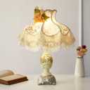 Victorian Flower Table Lamp Floral Coquette Lamp Vintage with Lace Fabric Lampshade Beaded Fringe Pleated Antique Lovely Decorative Bedside Night Light for Bedroom Nightstand (Beige European)