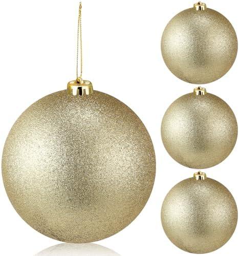 Liliful 4 Pcs Large Outdoor Christmas Ornaments Plastic Jumbo Fillable Balls Ornament Big Xmas Tree Hanging Decoration for Home Outside Holiday Lawn Yard Party, 3.9 Inch (Glitter Gold)