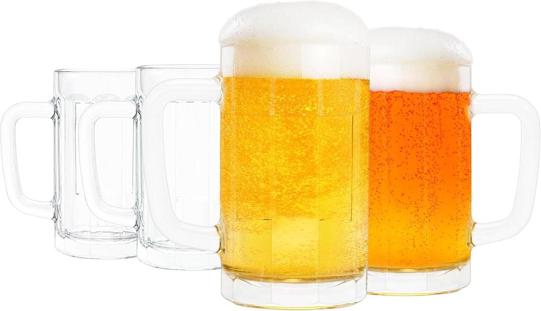 4 Pack Heavy Duty Glass Mugs - 16oz Large Beer Glasses with Handle, Freezer Safe, Classic Beer Mug Set for Bar & Beverages