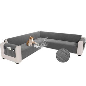 Waterproof L Shaped Couch Cover for Sectional Sofa Velvet Quilted Corner Sofa Cover L Shape Furniture Protector Slipcover Set with Non Slip Straps for Pets Dogs Kids (XX-Large, Dark Grey)