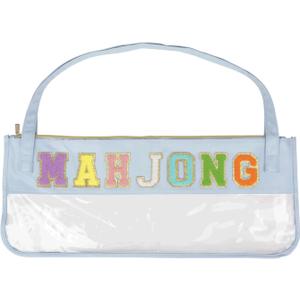 RAWILL Mahjong Tile Bag with Shoulder Straps, Empty Mahjong Bags for Tiles and Racks, Case for American Mah Jong Set with Metal Zipper and Letters - Light Blue (Case Only)