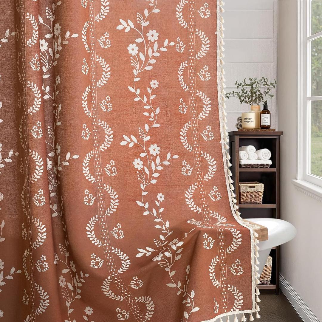 Vintage Boho Terracotta Shower Curtain, Floral Linen Patterned Shower Curtains for Bathroom with Tassels, 72 x 72