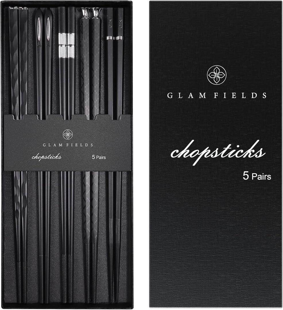 GLAMFIELDS 5 Pairs Premium Chopsticks Reusable Dishwasher Safe 9.5 Inch Fiberglass Chop Sticks Gift Set Non Slip Black + Silver