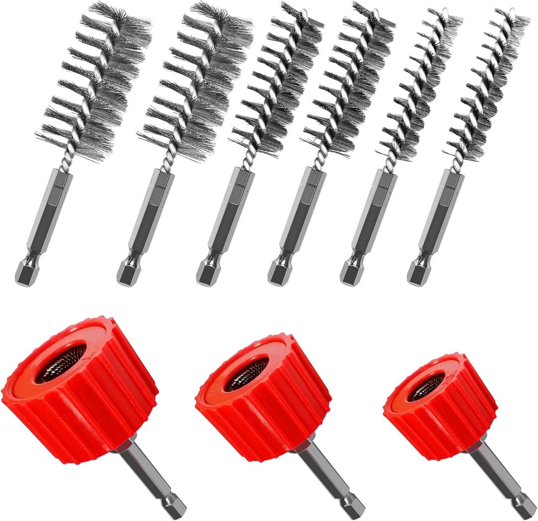 PokShow Copper Pipe Cleaner Set for Power Drill, Includes 3 Copper Cleaners and 6 Stainless Steel Bore Brushes, Suitable for 1/2", 3/4", and 1" Pipes and Fittings